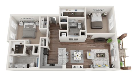 Floor plan for 2 beds, 2 baths, 1069 sqft